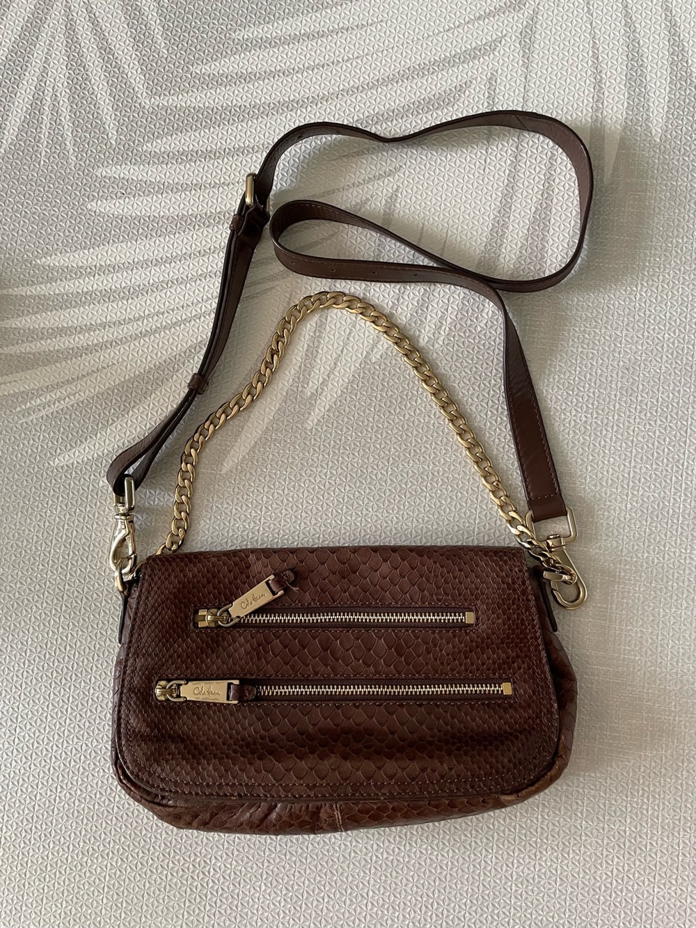 Cole Haan Brown Textured Crossbody with Gold Chain Accent
